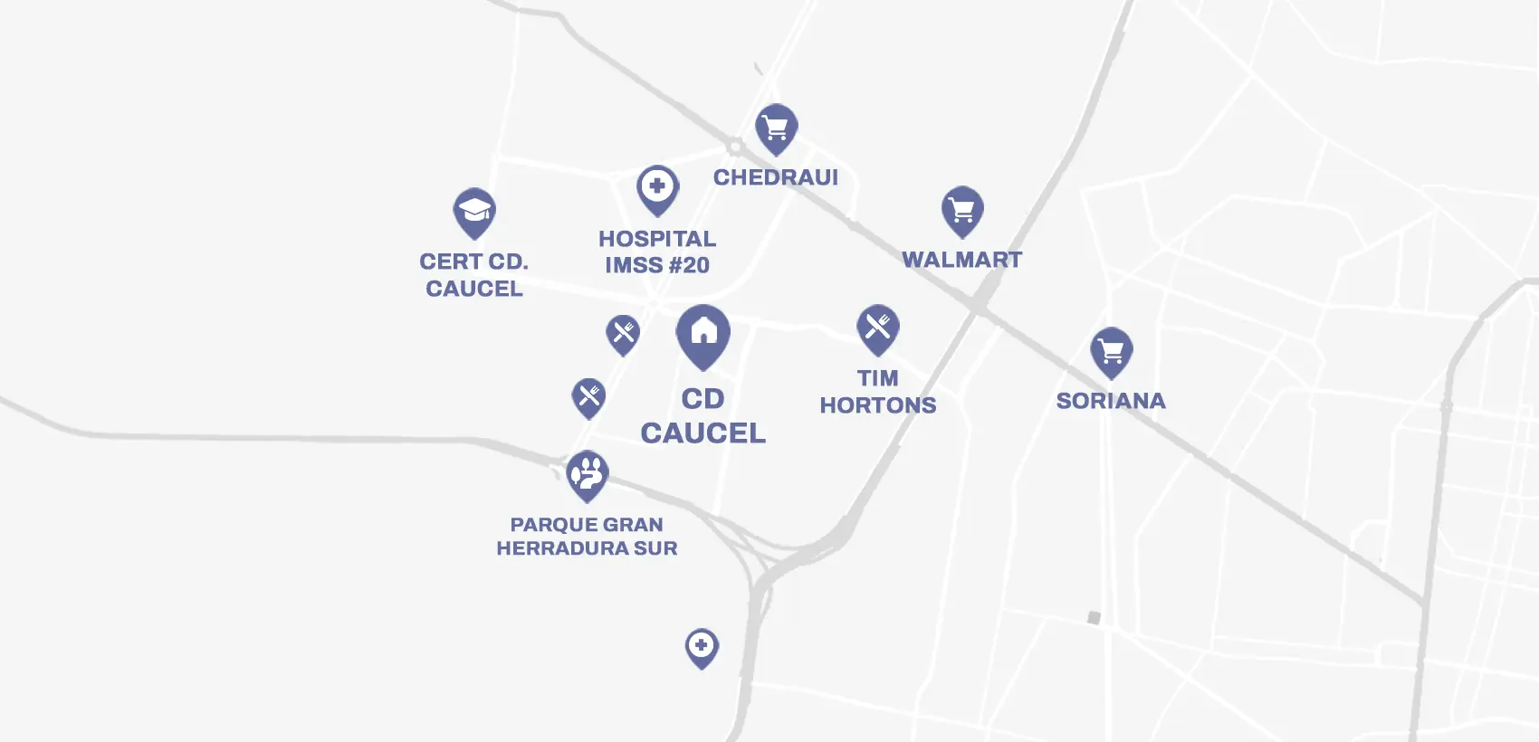 Mapa de los alrededores de Paraíso Caucel: Hospital IMSS 20, Chedraui, Walmart, Soriana, CERT Cd. Caucel y Parque Gran Herradura Sur