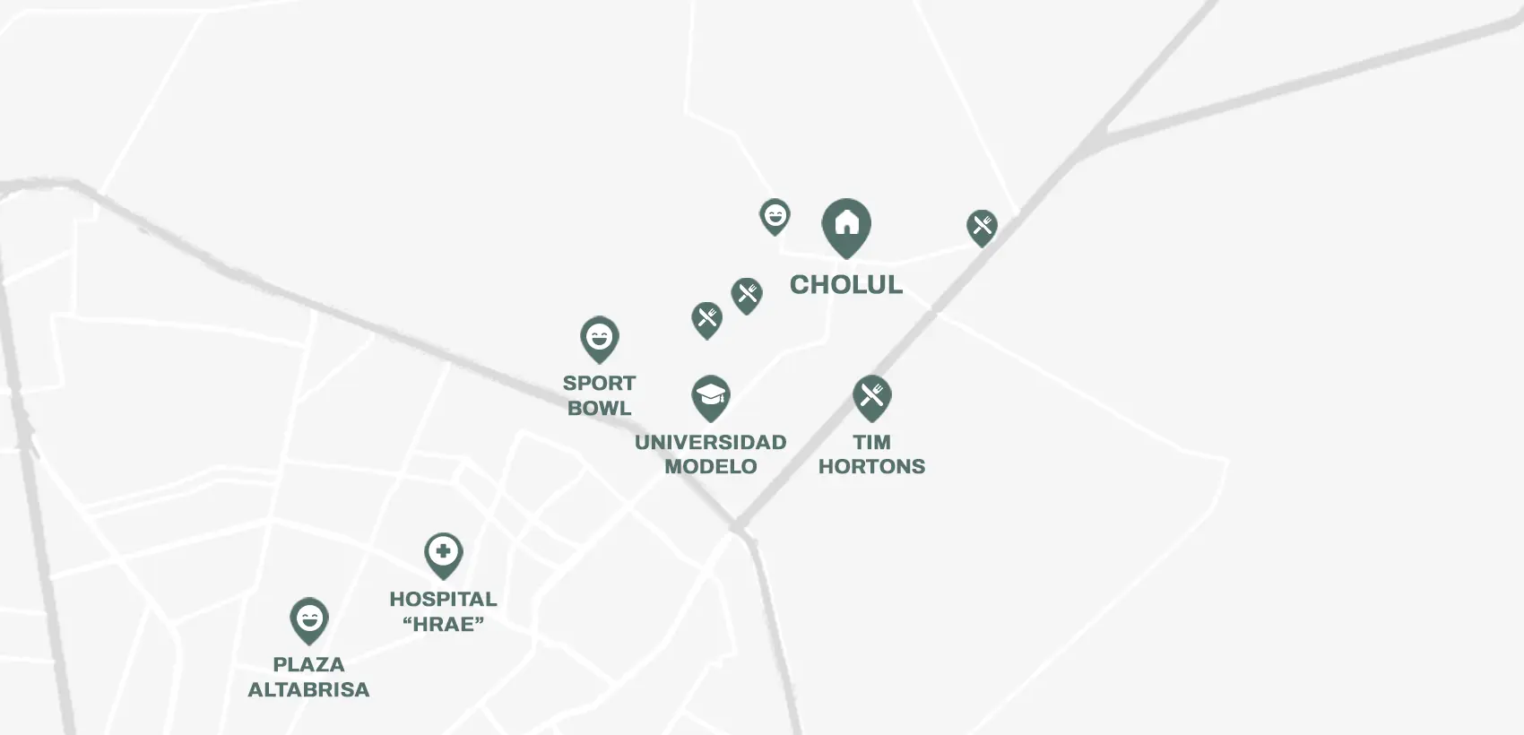 Mapa de los alrededores de Bosques de Cholul: Universidad Modelo, Sport Bowl, Tim Hortons, Hospital HRAE y Plaza Altabrisa